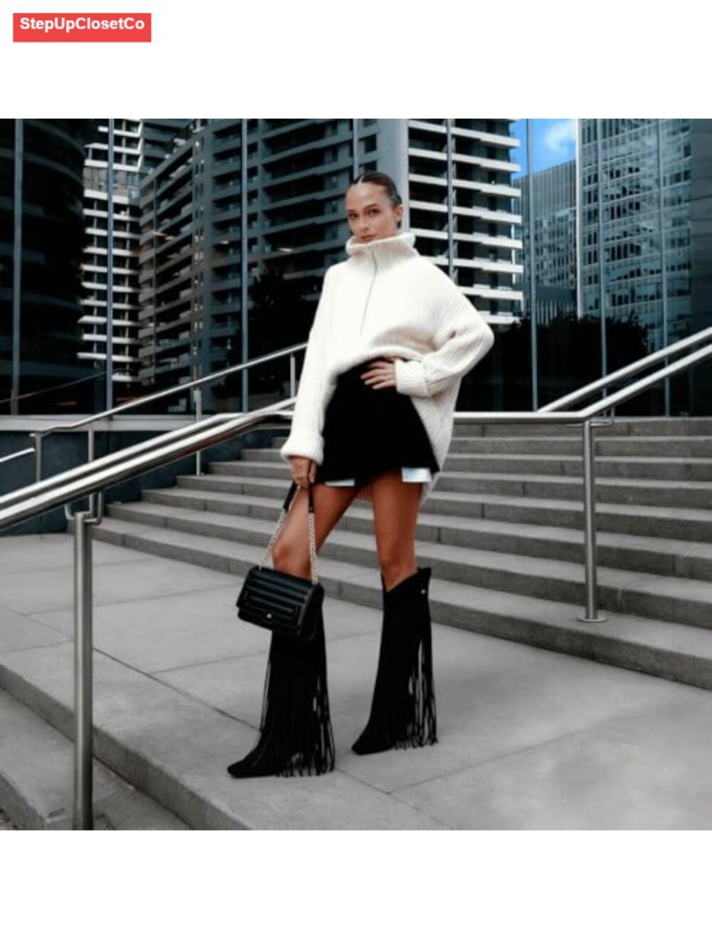 Knee High Suede Fringe Boots Square Toe Chunky Heel Pull On - Picture 4 of 5